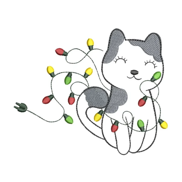 Cute cat embroidery design - Christmas lights embroidery design - Christmas cat embroidery pattern