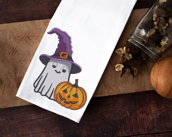 Cute ghost with pumpkin embroidery design