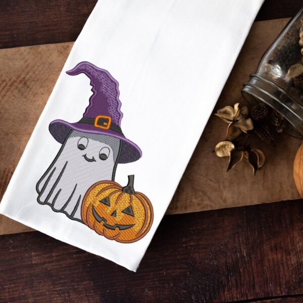 Cute ghost with pumpkin embroidery design