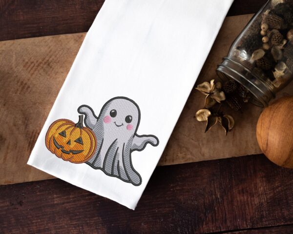 Cute ghost with pumpkin embroidery design 2