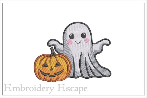 Cute ghost with pumpkin embroidery design 2