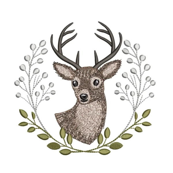 Deer and floral wreath embroidery design - forest animal embroidery pattern