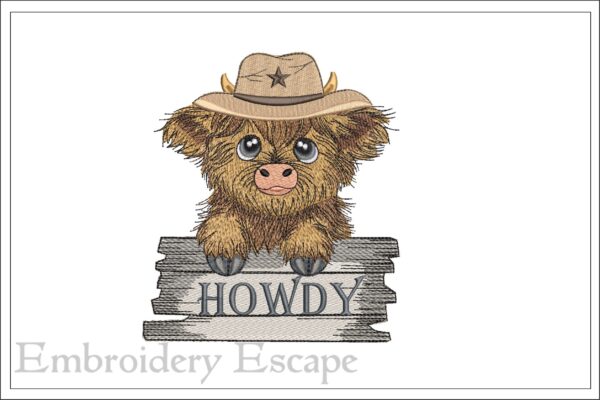 Highland cow Howdy embroidery design