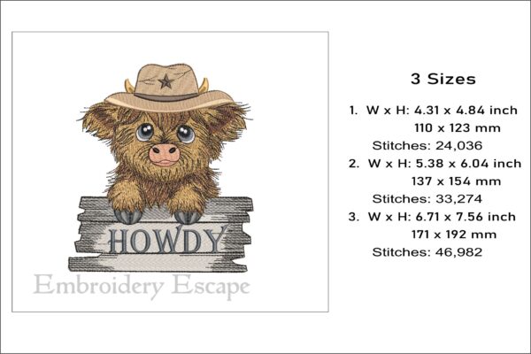 Highland cow Howdy embroidery design