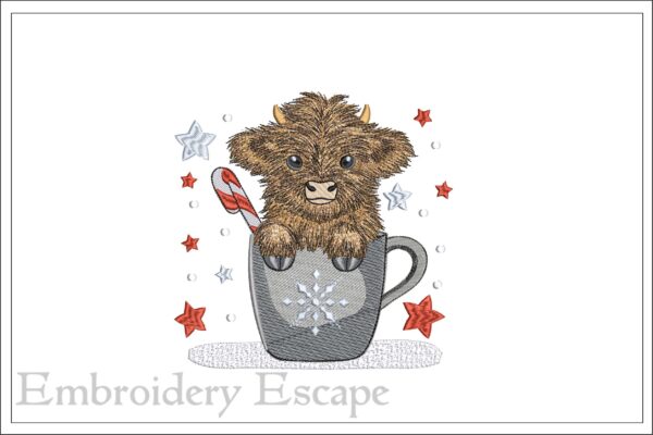 Highland cow in a mug embroidery design