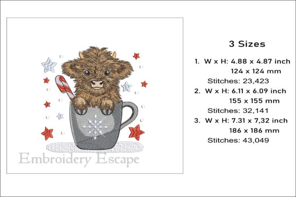 Highland cow in a mug embroidery design