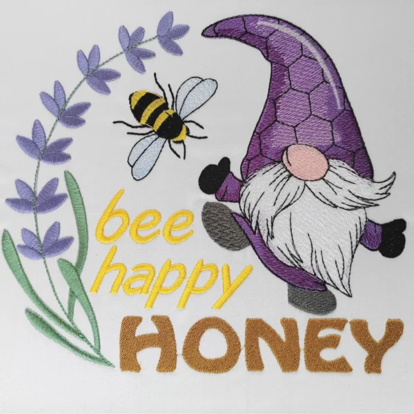 Bee happy honey embroidery design - gnome embroidery pattern