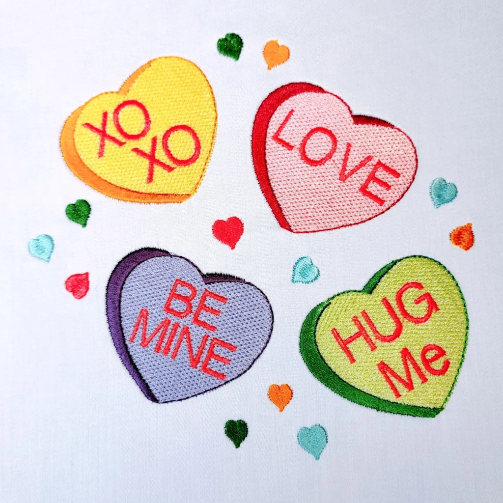 Candy hearts embroidery design 1