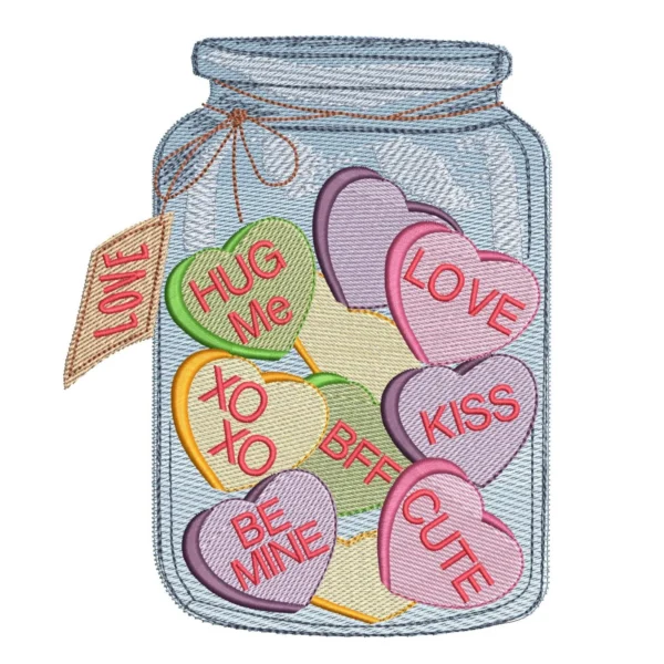 Jar full of candy hearts embroidery design- love messages in a jar embroidery pattern