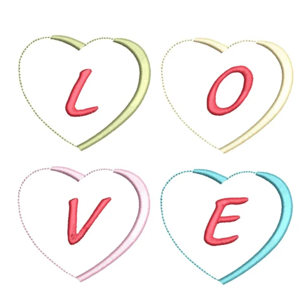 4 hearts embroidery design, candy hearts love embroidery pattern.