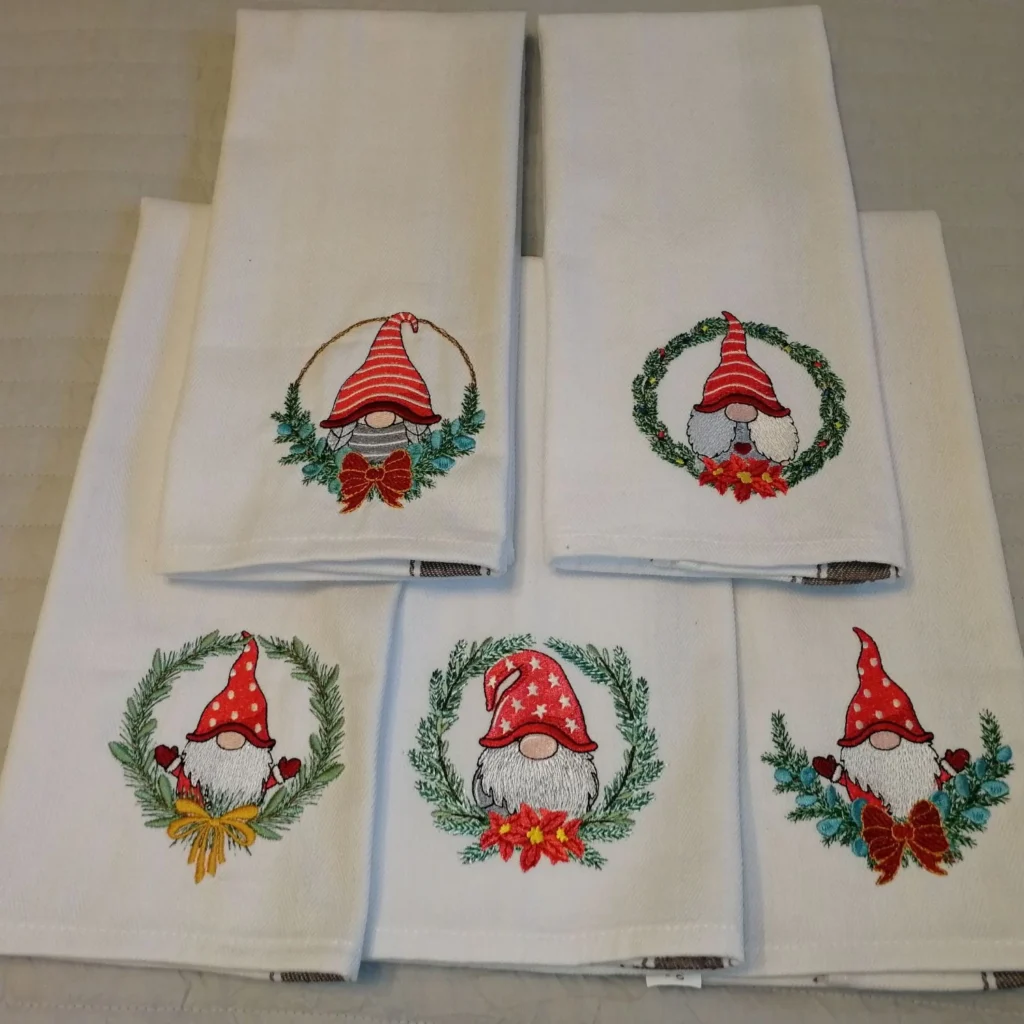 Christmas gnome embroidery design on tea towel