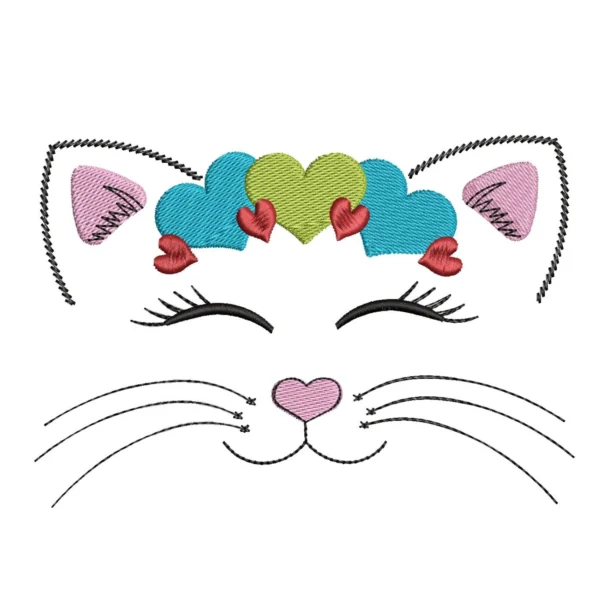 Cute cat face with hearts embroidery design