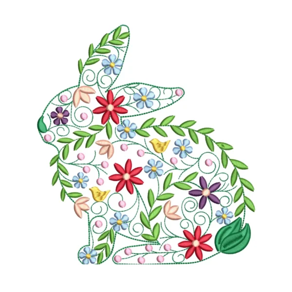 Floral bunny embroidery designs - spring flowers embroidery pattern - bunny filled with flowers embroidery