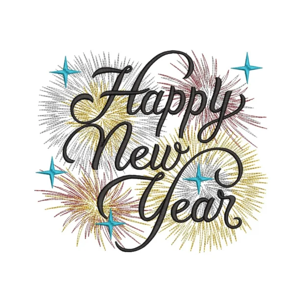 Happy new year embroidery design- colorful fireworks embroidery pattern