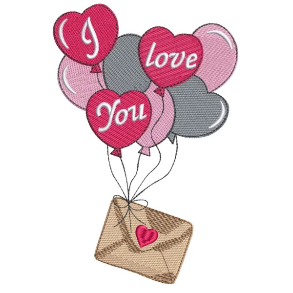 I love you embroidery design, balloons and love letter embroidery pattern.