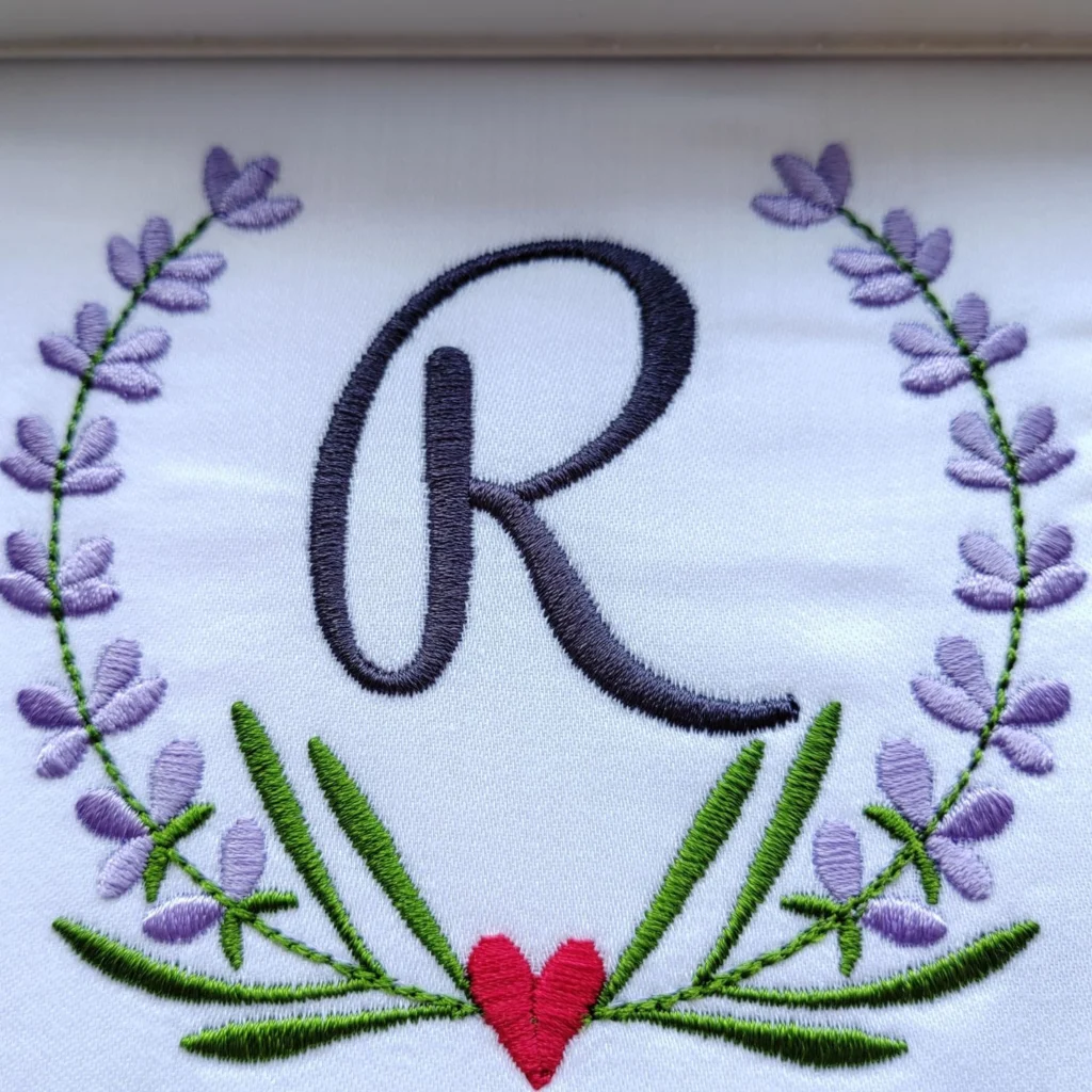 Letter R embroidery design - letter n a wreath embroidery - lavender wreath embroidery pattern