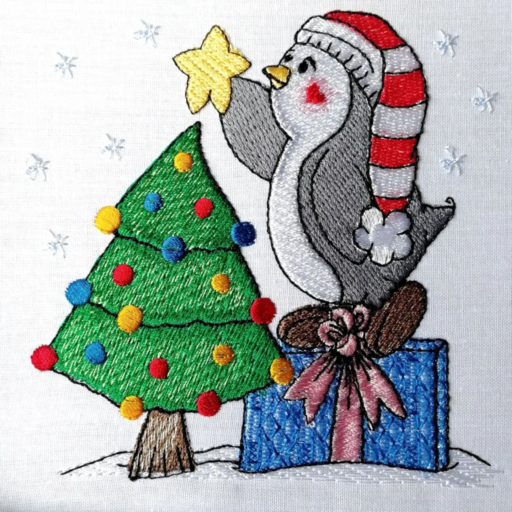 Penguin embroidery design - Christmas tree embroidery