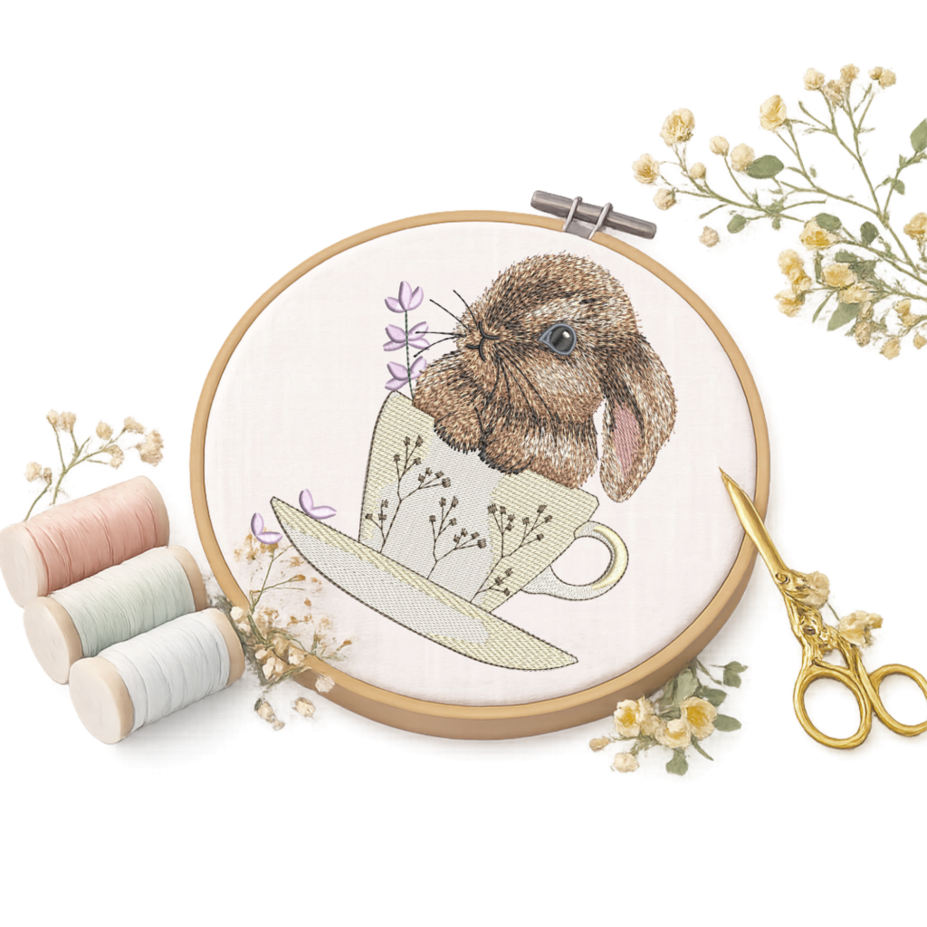 Bunny in tea cup embroidery design