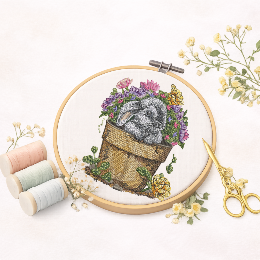 Cute bunny in the pot embroidery design image