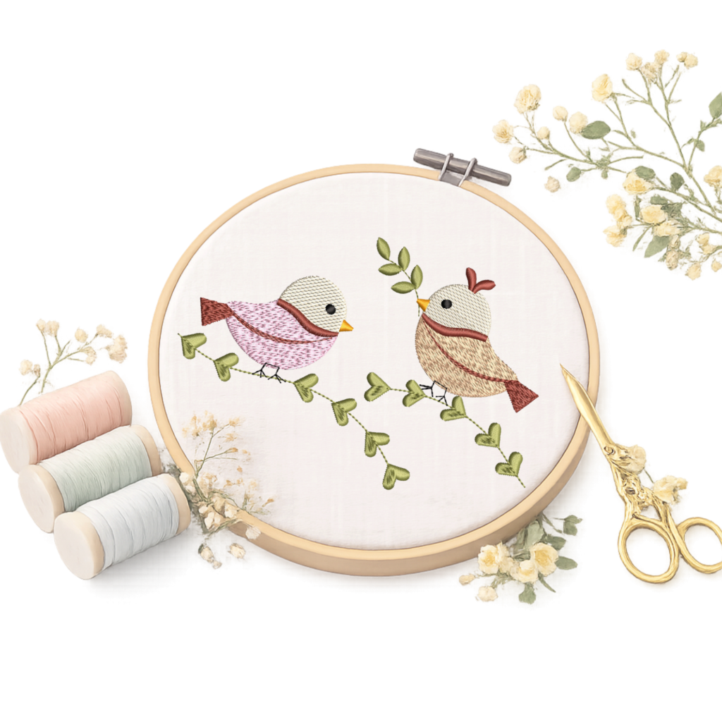 Two little birds sitting on a branch embroidery design