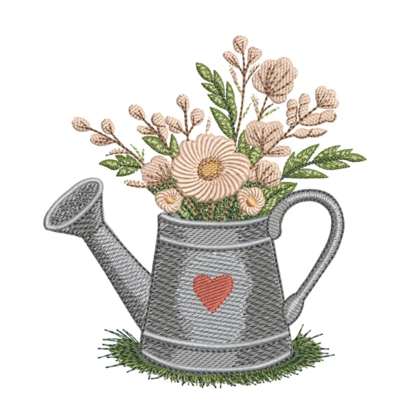 Floral watering can embroidery design