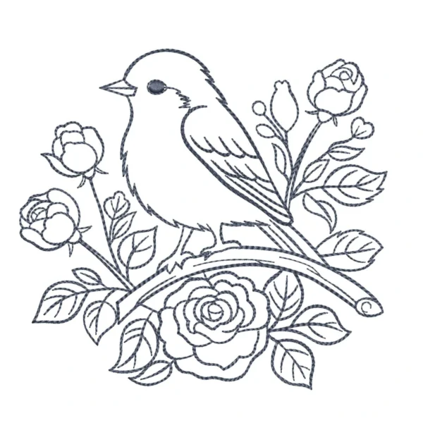 Wildlife sketch embroidery design - rose branch embroidery pattern