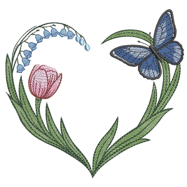 Wildlife heart embroidery design 2 - spring flowers embroidery pattern 2