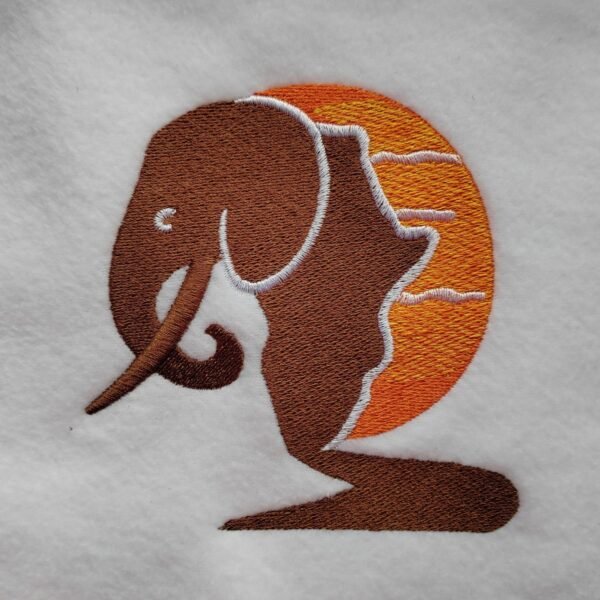 Logo icon 1 Embroidery of a brown horse head silhouette with an orange circular background on white fabric